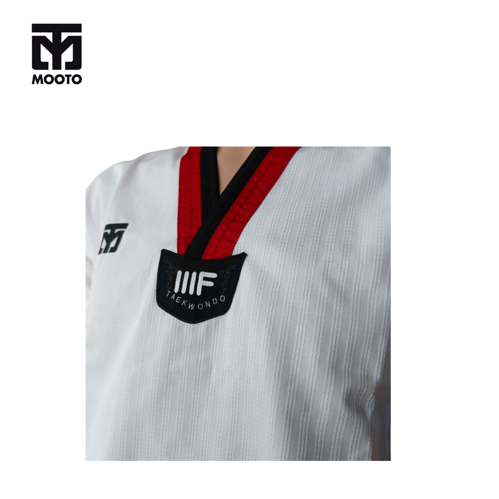 MOOTO DOBOK IIIF RED-BLACK COLLAR ( Seragam Taekwondo)