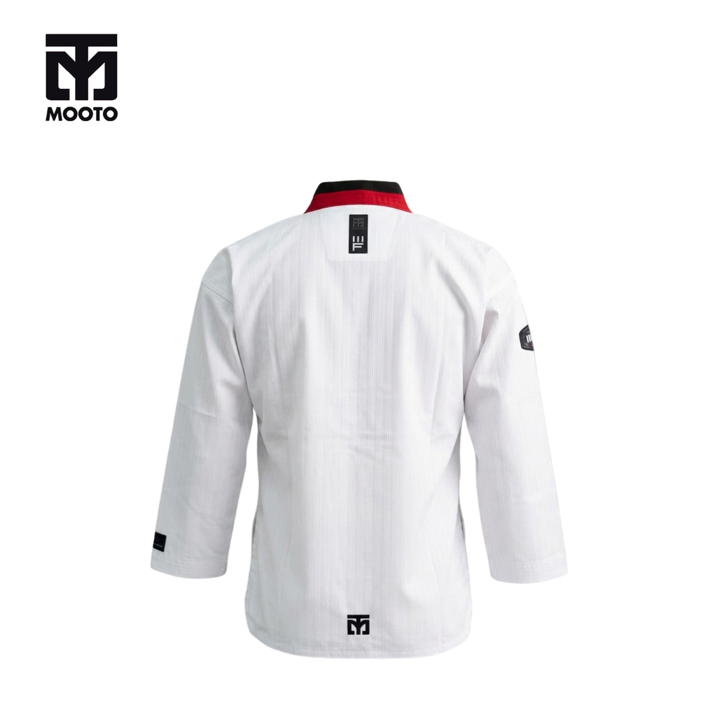 MOOTO DOBOK IIIF RED-BLACK COLLAR ( Seragam Taekwondo)